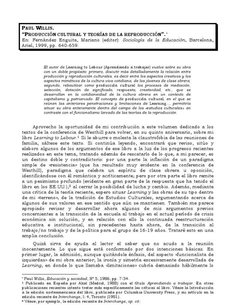 Paul Willis Produccion Cultural y Teorias de La Reproduccion PDF