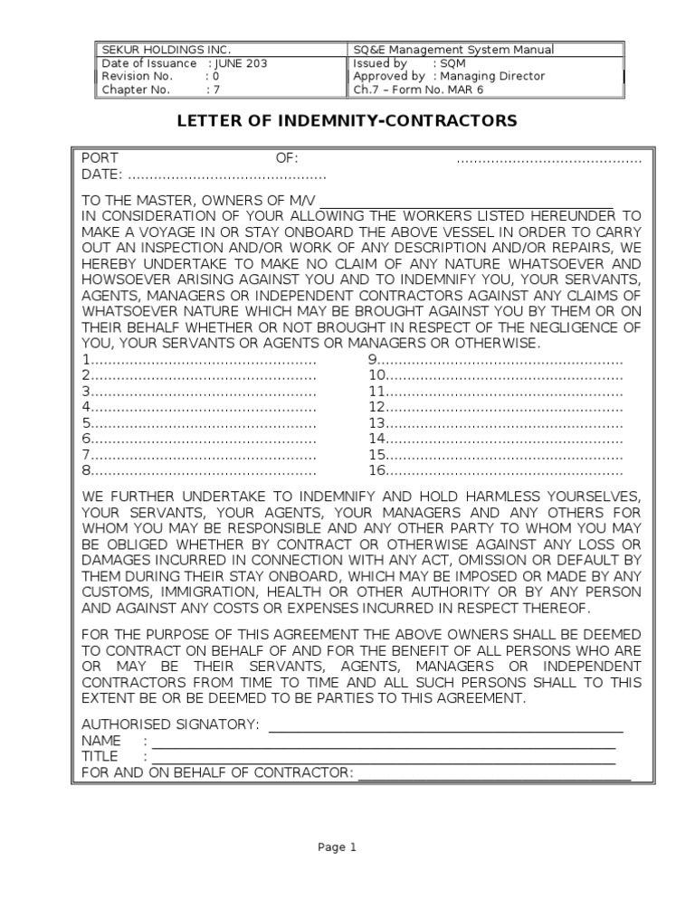 Contractor Indemnity Letter Template | PDF | Finance & Money Management