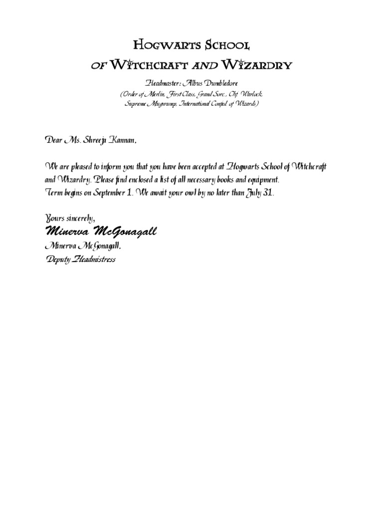 Hogwarts Acceptance Letter PDF