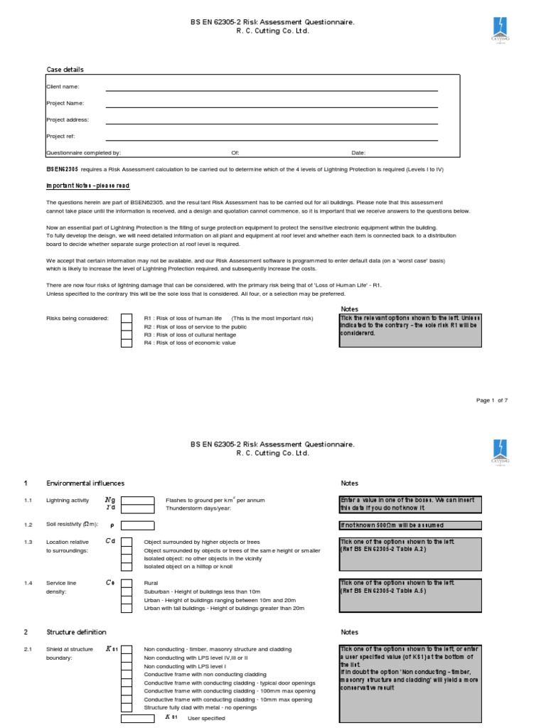BS EN 62305-2 Lightning Risk Assessment | PDF | Cable | Risk