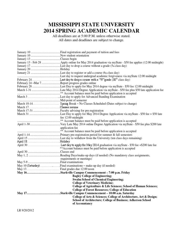 MSU Spring Calender PDF Academic Term Fee