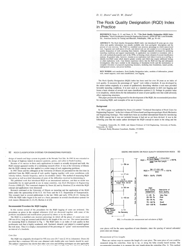 Deere 1988 - The Rock Quality Designation (RQD) in Practice PDF | PDF