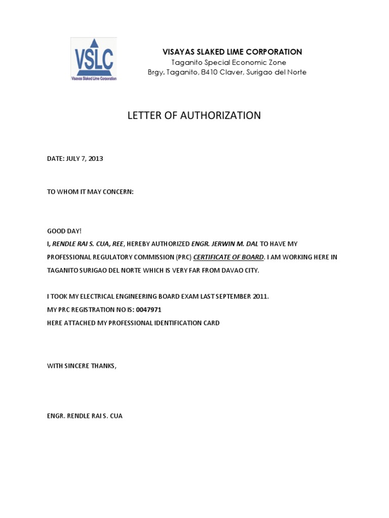 Letter of Authorization Visayas Slaked Lime Corporation PDF
