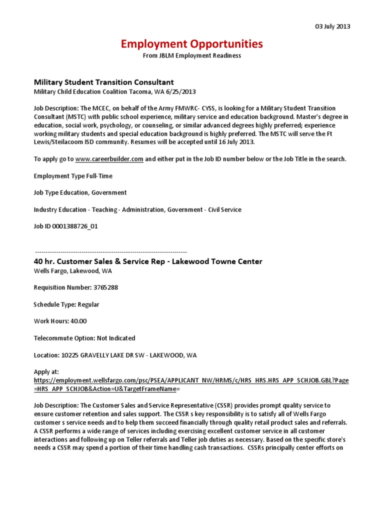 Job Opportunites 3July13 Help Desk Employment