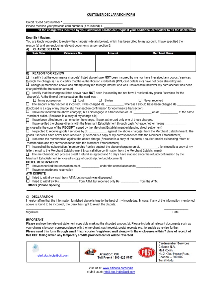 Customer Dispute Declaration Form | PDF | Financial Transaction | Mail