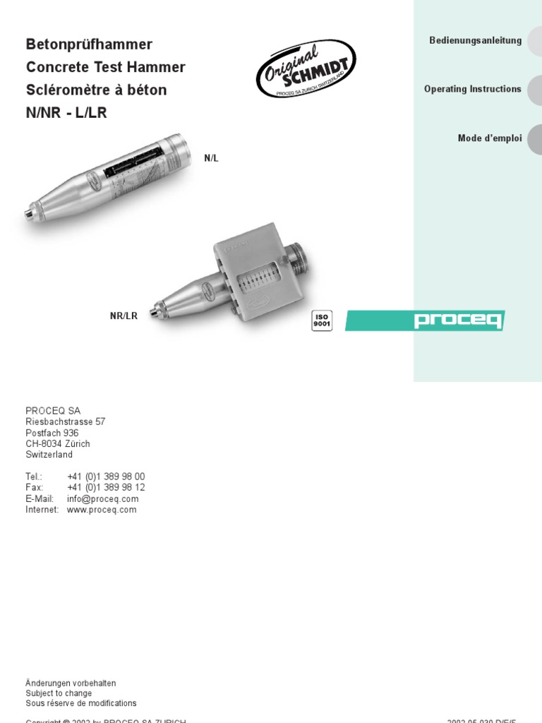 Schmidt Hammer Type N L NR LR Manual Concrete Cement Prueba