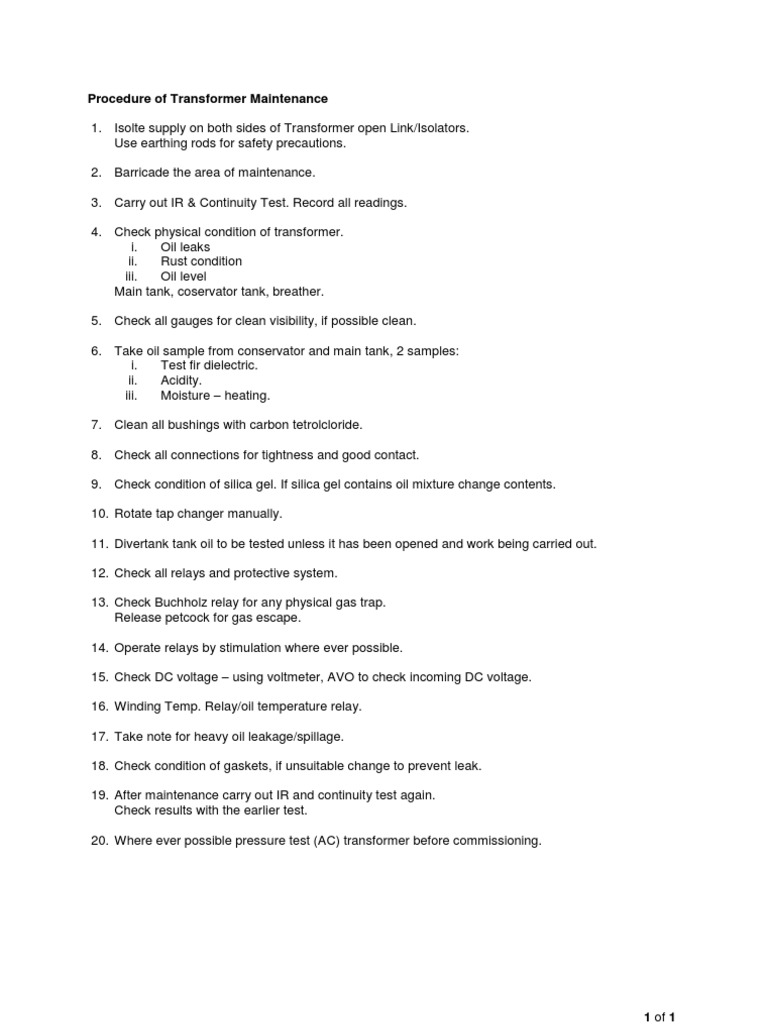 Transformer Maintenance Procedure Guide | PDF