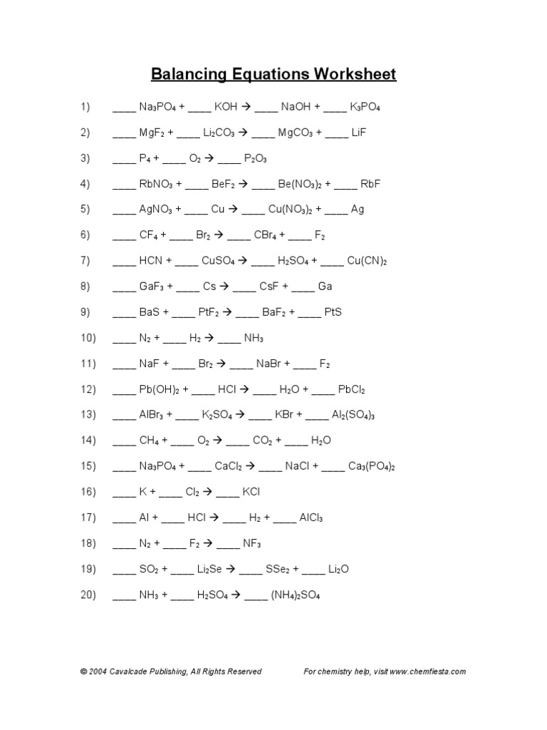 Balancing  Equations Worksheet  PDF  Chemistry  Physical Sciences Inside Balancing  Equations Worksheet Answer Key