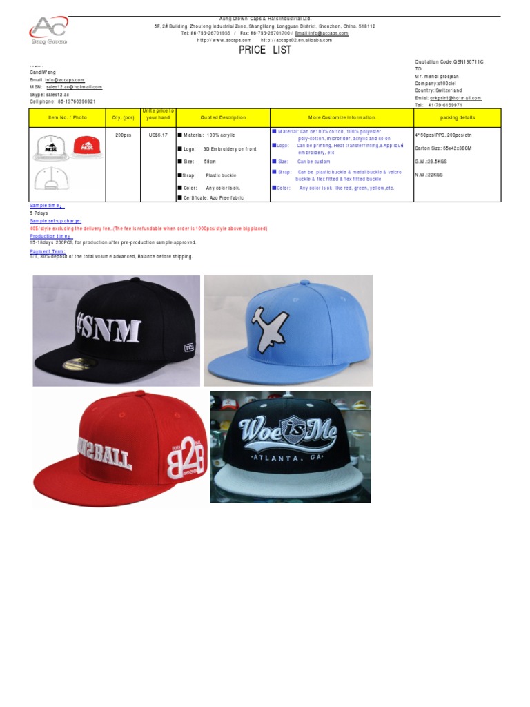 Custom Caps Quotation Details | PDF