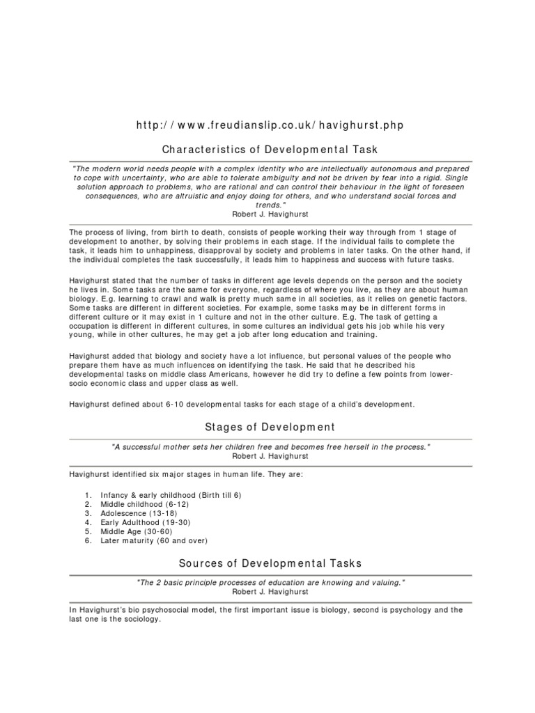 Havighursts developmental task stages pdf psychology action