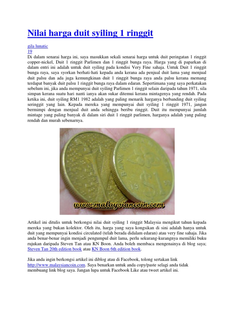 Nilai Harga Duit Syiling 1 Ringgit Pdf
