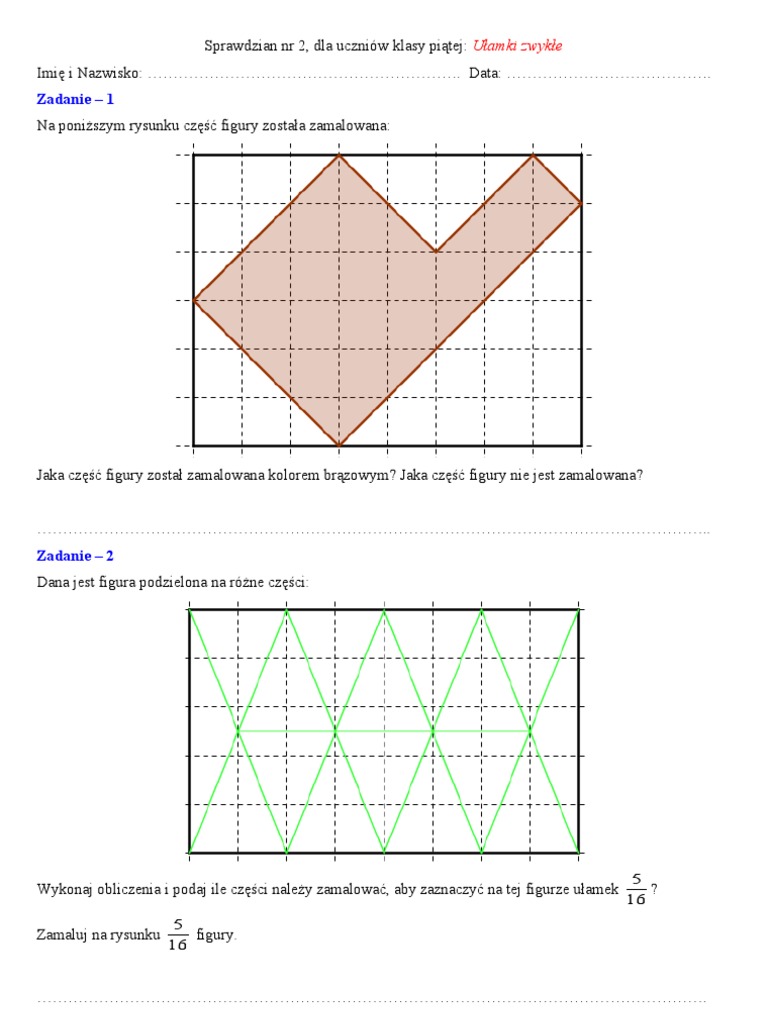 Sprawdzian Z Matematyki Klasa 5 Ułamki Zwykłe Do Wydrukowania