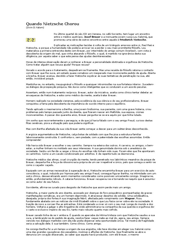 Quando Nietzsche Chorou Resumo PDF Friedrich Nietzsche Sigmund Freud