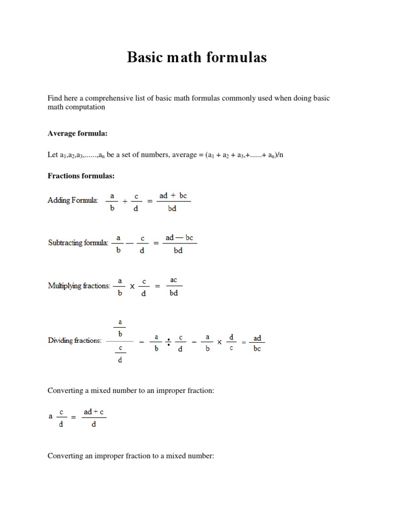 Basic Math Formulas Sheet