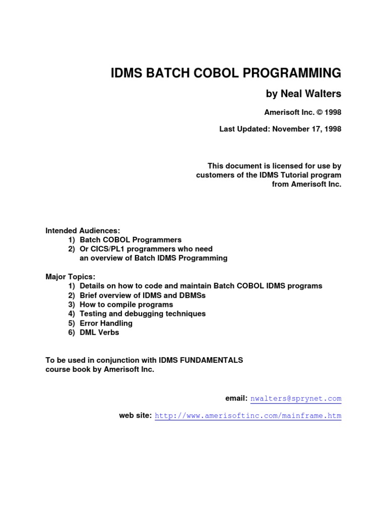 Idms Batch Cobol Programming Databases Programmer