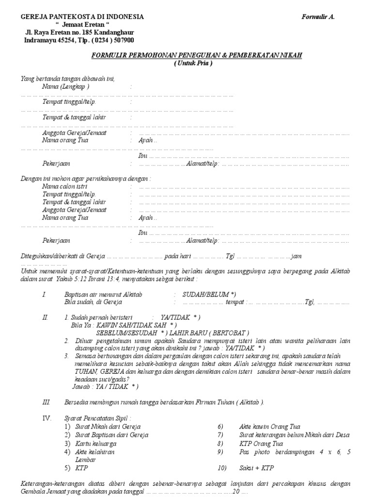 Formulir Permohonan Nikah Gereja Pdf