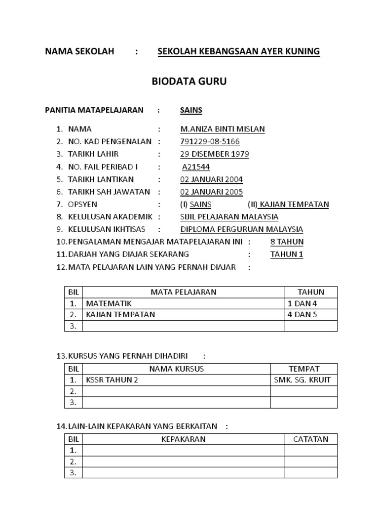 Biodata Guru Sains Pdf