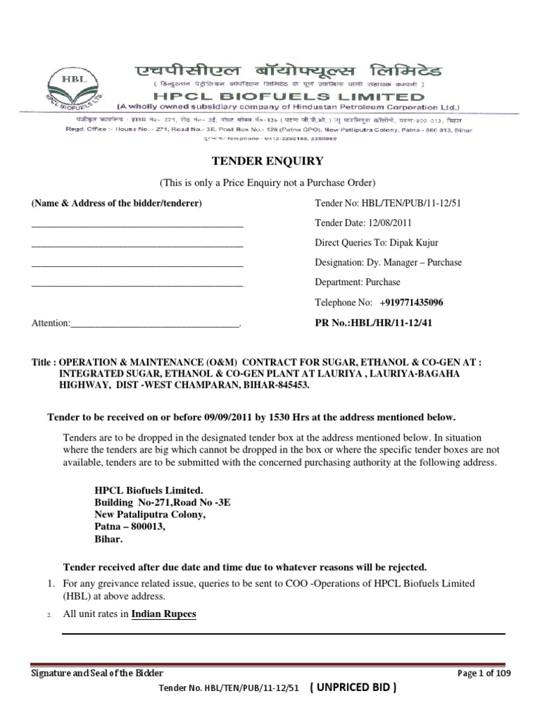 Tender Enquiry: (Name & Address of The Bidder/tenderer) | PDF