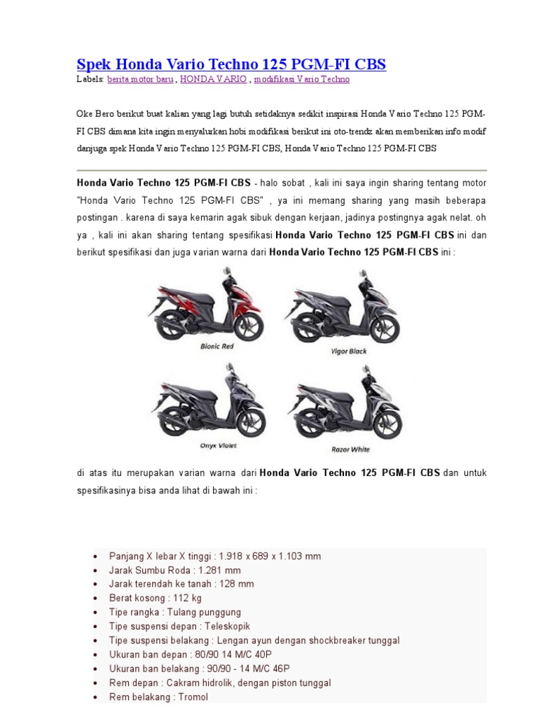 Spek Honda Vario Techno 125 PGM
