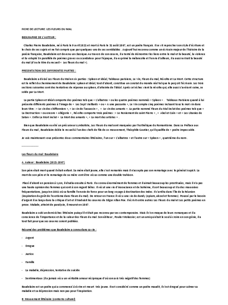 Fiche De Lecture Les Fleurs Du Mal Pdf