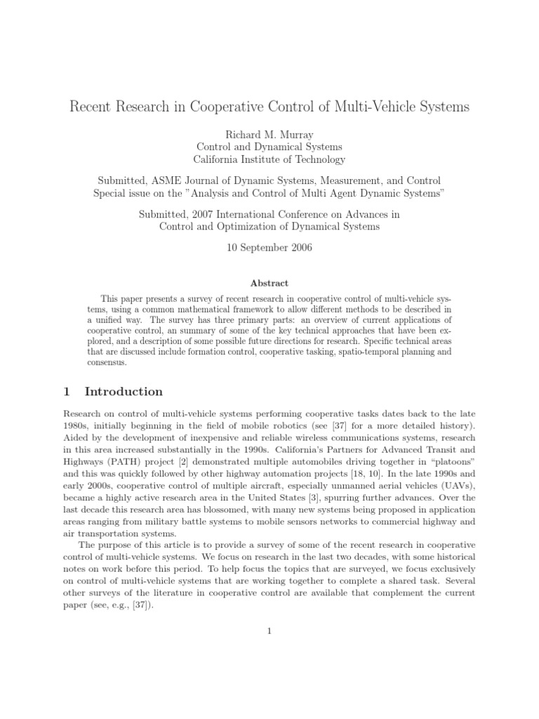 Cooperative Control in Multi-Vehicle Systems | PDF | Force | Motivation