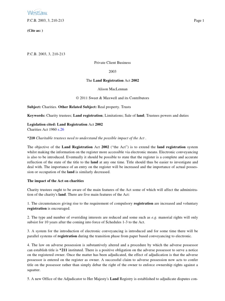 The Land Registration Act 2002 PDF Charitable Organization Trustee