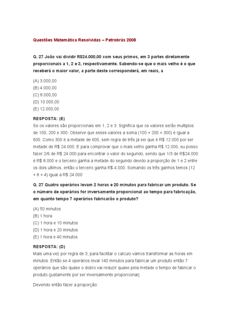 Questões Matemática Resolvidas | PDF | Percentagem | Juros