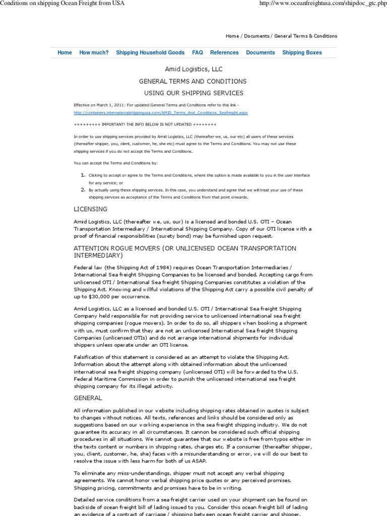 Conditions On Shipping Ocean Freight From USA PDF | PDF | Cargo | Bill ...