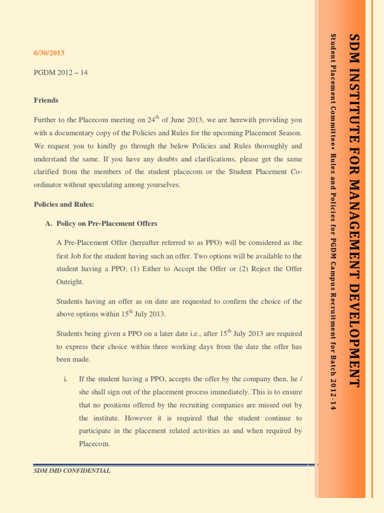 Placement Policies And Rules Pdf Master Of Business Administration
