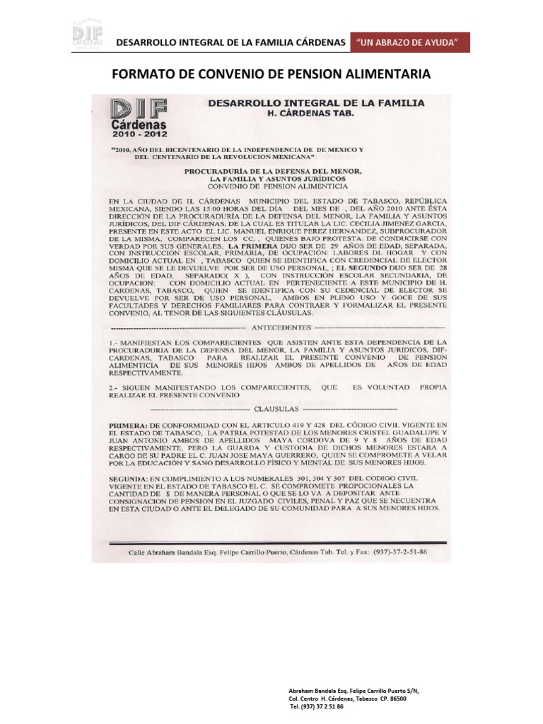 Formato de Convenio de Pension Alimenticia | PDF
