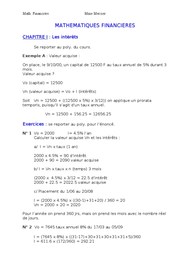 Mathématiques Financières Cours Et Exercices Corrigés Pdf Mathematique Financiere | PDF | Prêts | Amortissement (finance)