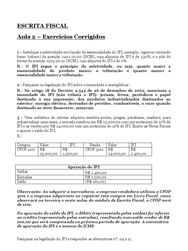 Exercícios de Escrita Fiscal e IPI | PDF | Carro | Indústrias