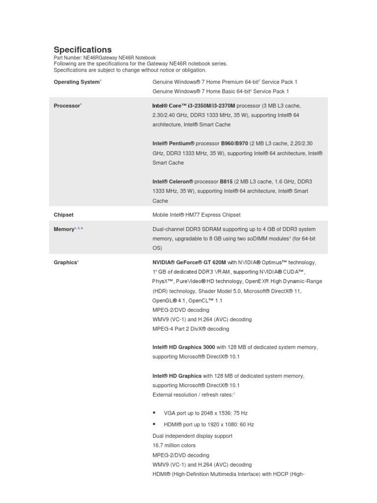Specifications: Part Number: Ne46Rgateway Ne46R Notebook | PDF | Random ...