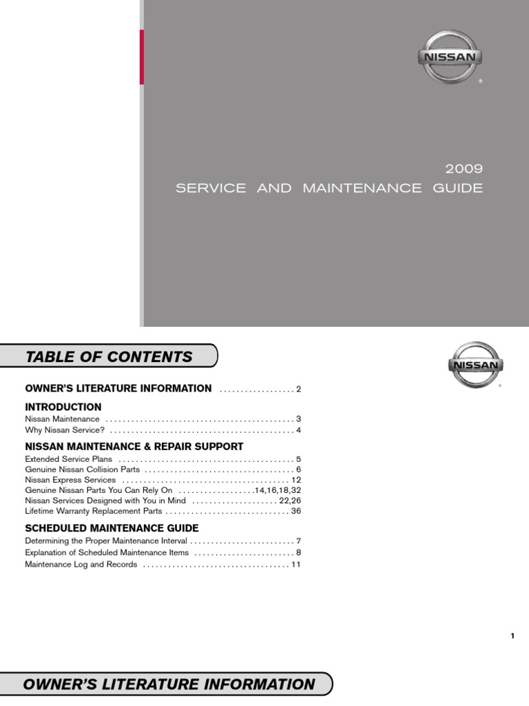 2009 Nissan Service &amp; Maintenance Guide | PDF | Business | Finance &amp; Money Management