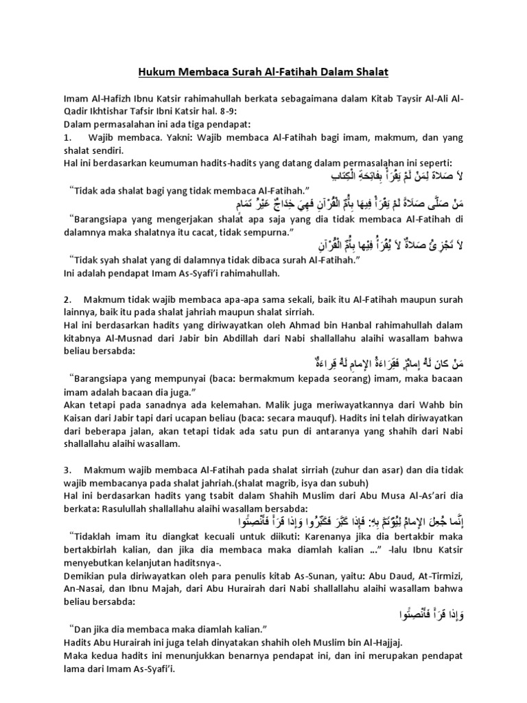 Hukum Membaca Al Fatihah
