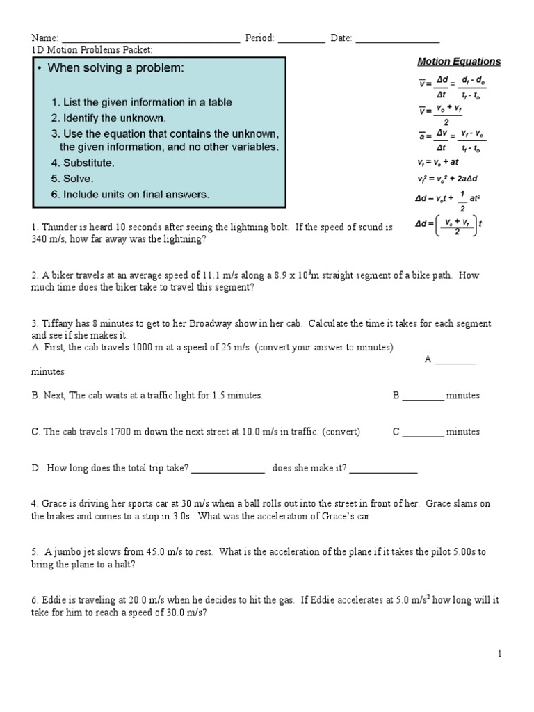 1d Motion Packet ALL | PDF | Speed | Acceleration