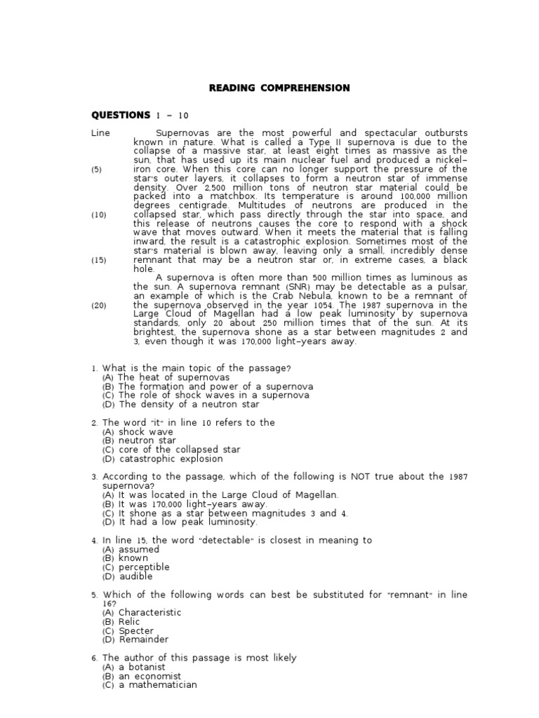 Reading Comprehension Questions | PDF | Supernova | Stars