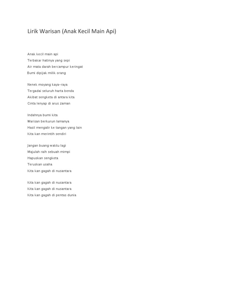 Lagu Anak Kecil Main Api Lirik