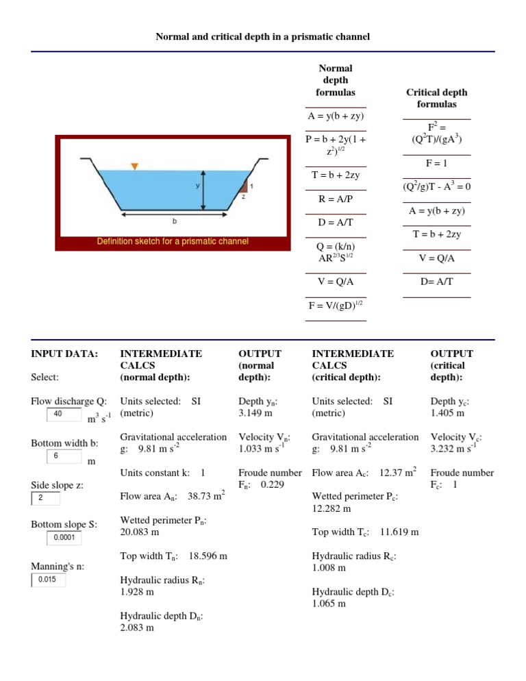 Critical and Normal Depth in Prismatic Channels | PDF