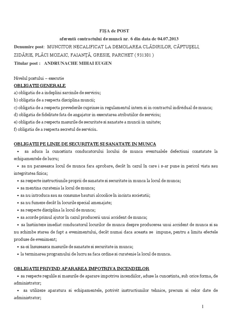 Muncitor Necalificat Constructii FISA POSTULUI MUNCITOR NECALIFICAT FREE DOWNLOAD