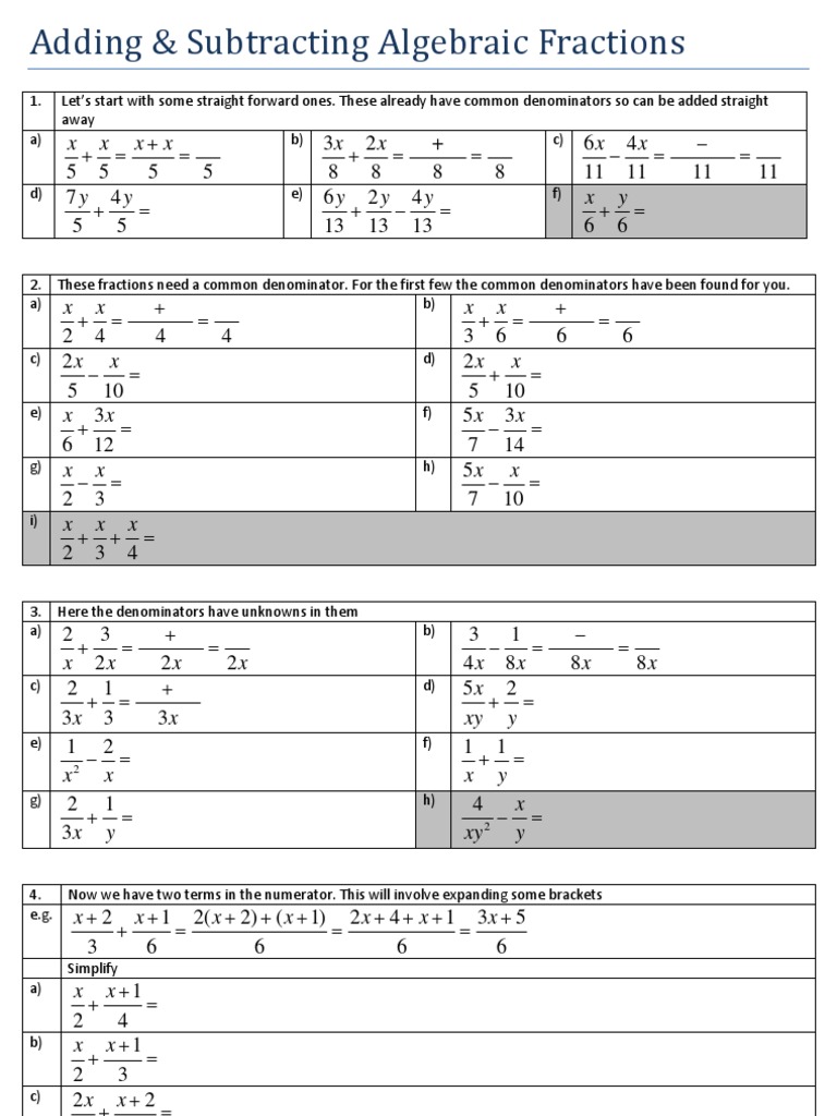 Adding and Subtracting Algebraic Fractions | PDF | Fraction ...