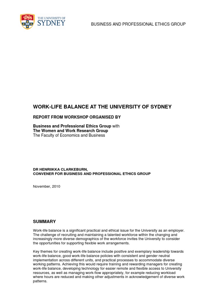 Work-Life Balance at the University of Sydney: Key Themes, Challenges ...