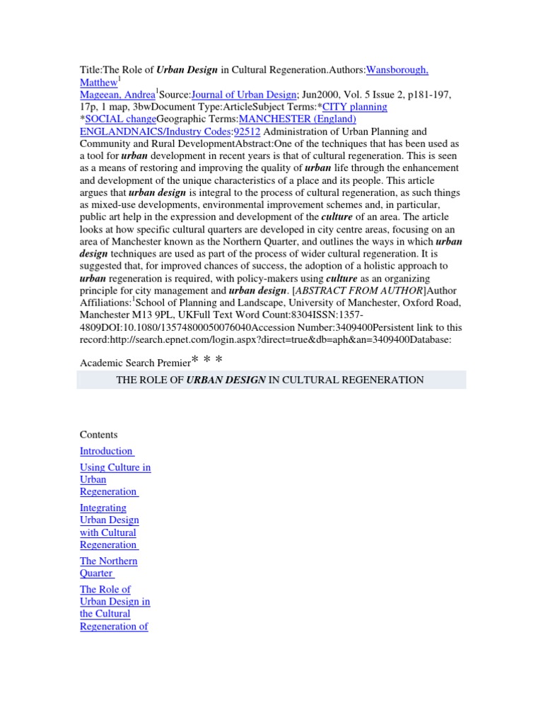 The Role of Urban Design in Cultural Regeneration | PDF | Urban Renewal ...