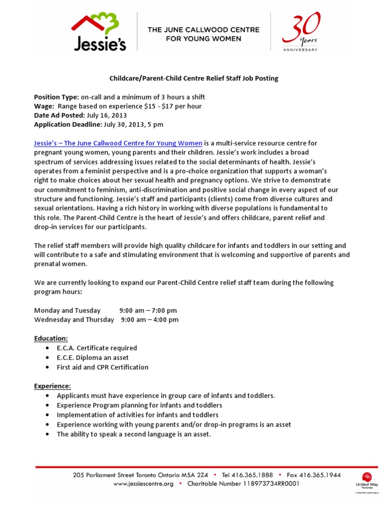 Childcare/ParentChild Centre Relief Staff Job Posting July 2013 Child Care Relationships