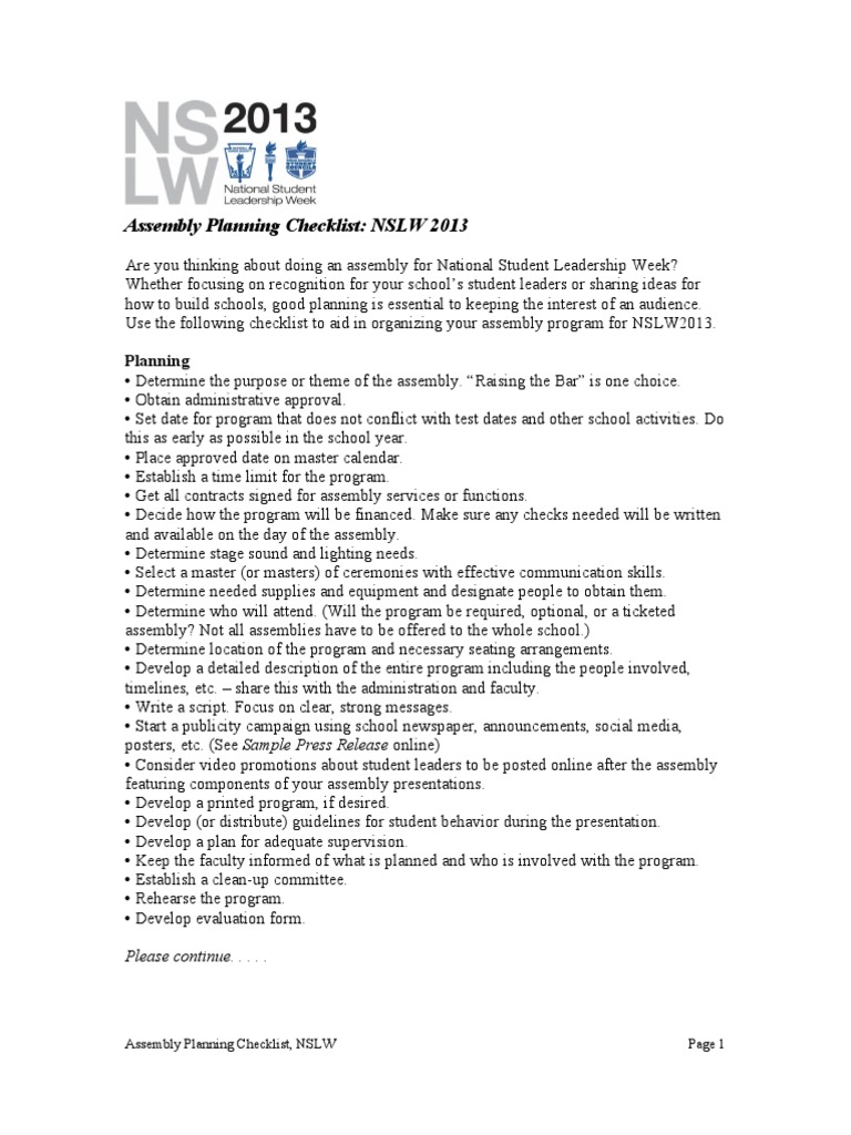 Assembly Planning Checklist: NSLW 2013 | PDF | Leadership | Social Media
