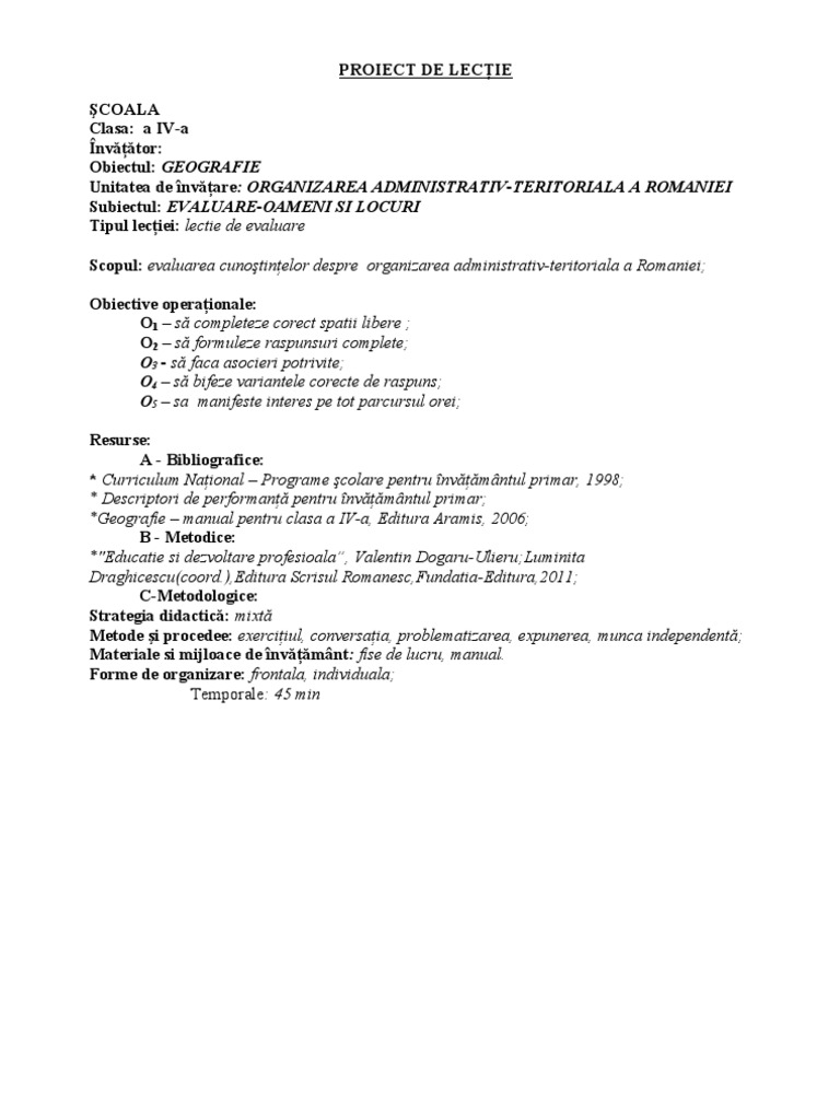 0 Proiect De Lectie De Evaluare La Geografie