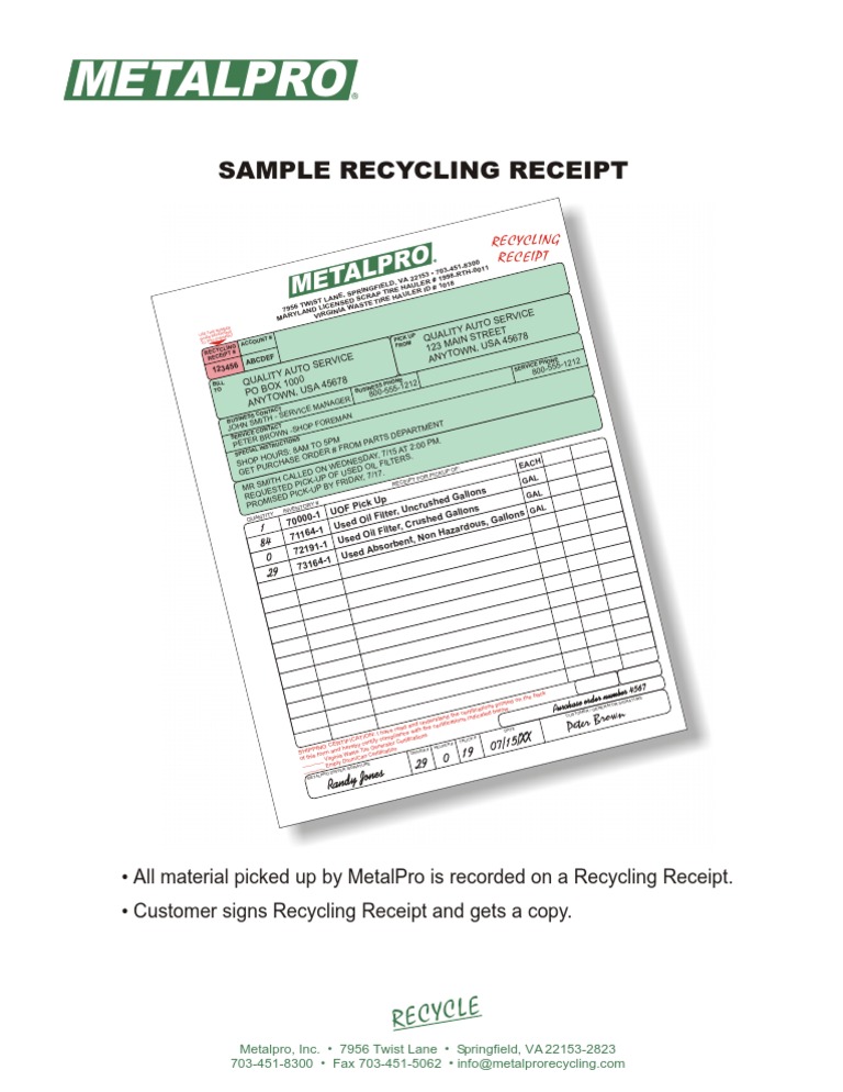 Metalpro Sample Recycling Receipt PDF