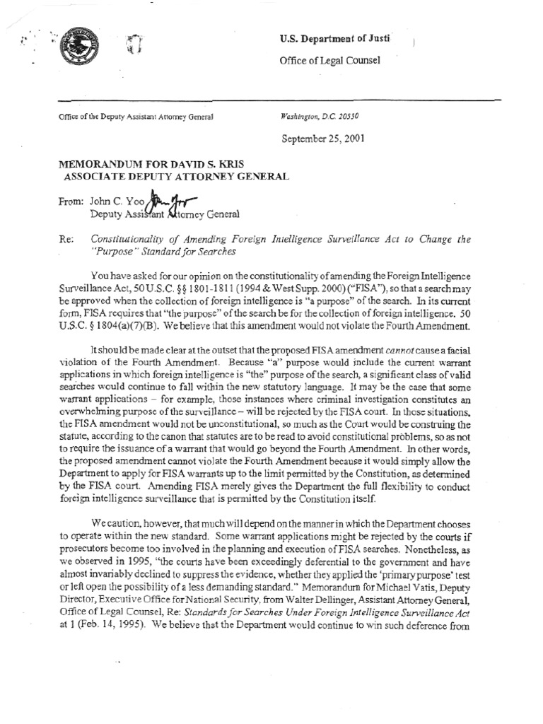 Yoo Surveillance Memo | PDF | Foreign Intelligence Surveillance Act ...