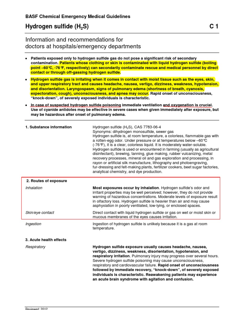 BASF Chemical Emergency Medical Guidelines - H2S | PDF | Hypothermia ...