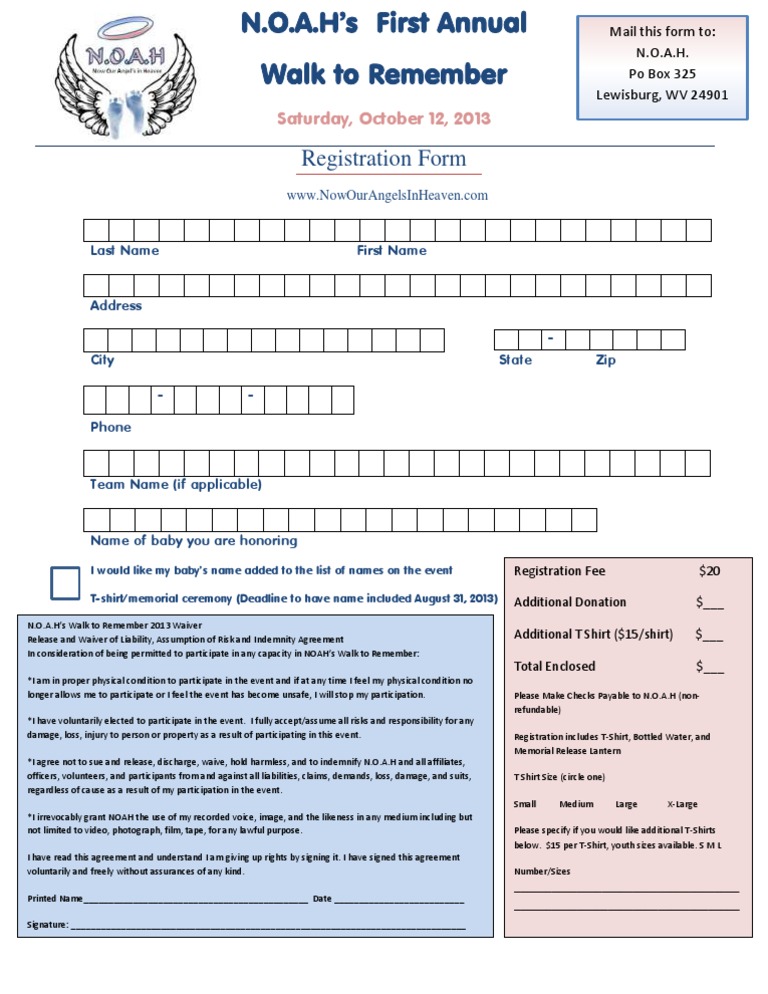 N.O.A.H Walk to Remember Registration | PDF | Politics | Law